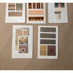 Five prints from original etchings, color illustrations of architectural details